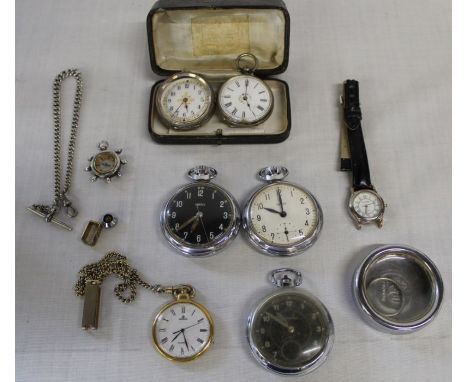 Continental silver fob watch &amp; white metal fob watch, silver watch chain, small silver compass in the form of a ships whe