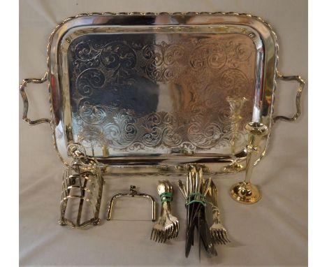 Silver plate tray, toast rack, candlestick, cutlery &amp; a cheese cutter