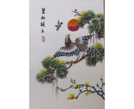 Framed Oriental silk tapestry 48 cm x 64 cm (size including frame)