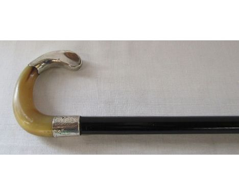 Silver and horn handle ebonised walking stick, H 88 cm, London 1907