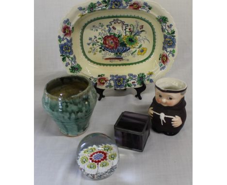 Masons Strathmore dish (chip to underside of rim), small art pottery vase, glass trinket pot, Hummel Monk jug (chips to spout