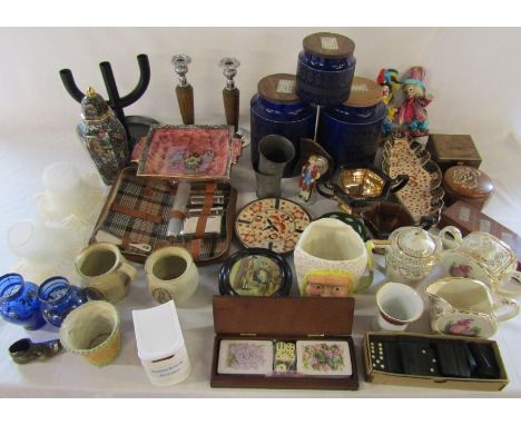 Various ceramics inc Mabel Lucie Attwell, Sadler and Hornsea, treen inc candlesticks and wooden trinket boxes, glassware, dom