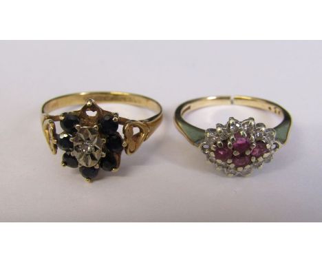 2 9ct gold rings (both af) - ruby and diamond ring, missing 2 stones, cut, size K/L weight 2.5 g, sapphire and diamond ring, 