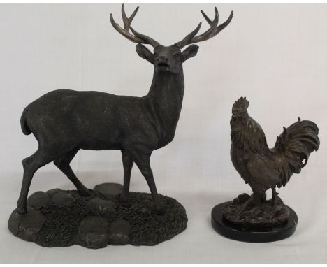 Bronze cockerel on marble base (21cm high) &amp; resin bronze effect stag