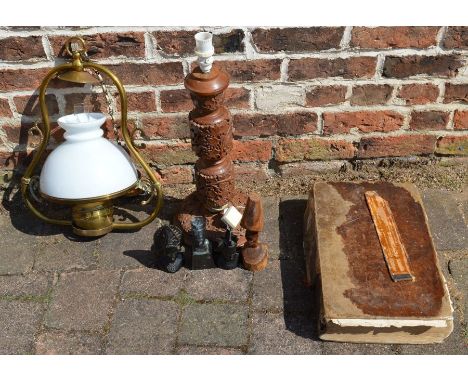 Hanging paraffin lamp, Georgian bible (with cellophane covering), carved wooden lamp, 3 carved wooden heads &amp; a bronze he