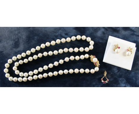 Cultured pearl necklace comprising 73 evenly matched pearls with an 18ct gold diamond, ruby and single pearl clasp, a pair of