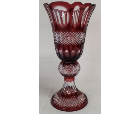 Large ruby overlay cut glass vase 50cm in height