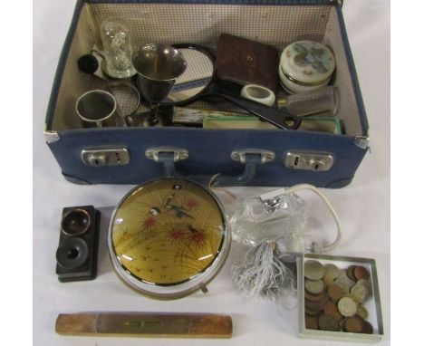 Small suitcase containing various items inc perfume bottle, hand mirror, wallet, fan, inkwell and tankard