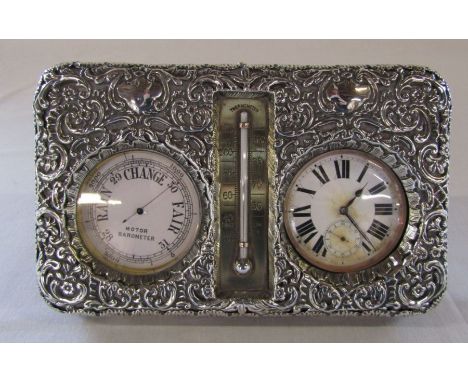 Victorian desk clock, barometer and thermometer in ornate silver case, Birmingham 1899 20 cm x 12 cm