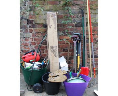 Selection of garden tools, trolley, airer etc.