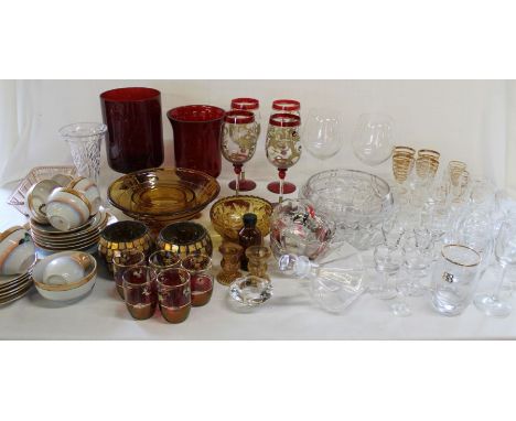 Selection of glassware, ruby glass vases, Japanese tea set (3 boxes)