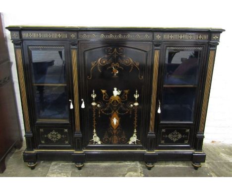 Late Victorian ebonised &amp; gilded mahogany credenza with ivory inlay to the central door, two flanking glazed doors, blue 