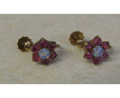 Pair of 9ct gold ruby and opal cluster earrings, weight 2.3 g, diameter 10 mm, screw fastening