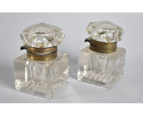 A Pair of Vintage Glass Inkwells, Probably From Writing Slope or Similar, 4.5cms Square and 7cms Tall 
