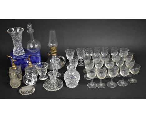 A Collection of Various Glassware to comprise Sherry Glasses, Tudor Sherry Glasses, Perfume Atomisers, Glass Oil Lamp of Coni