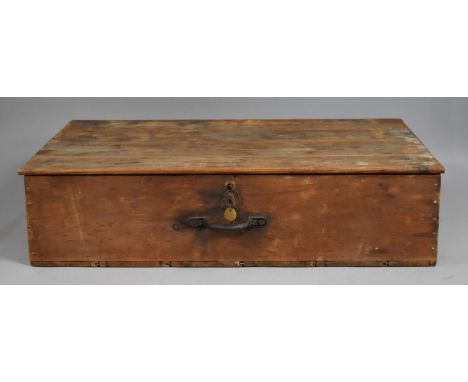 A Vintage Wooden Storage Box with Hinged Lid, Side Handle and Front Lock, 81cms Wide 