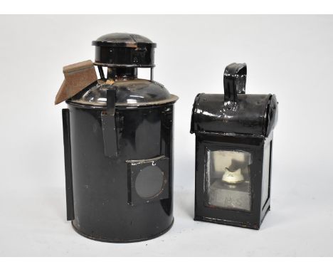 A Black Enamelled LMS Railway Lamp Together with a Cylindrical Lamp 
