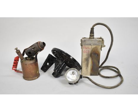 Of Railway Interest: A Vintage Brass Blow Torch, Safety Lamp and a Cast Metal Stand 