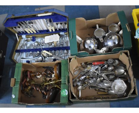 A Collection of Various Metalwares to comprise Canteen of Cutlery (incomplete), Silver Plate Mounted Tea Service, Candlestick