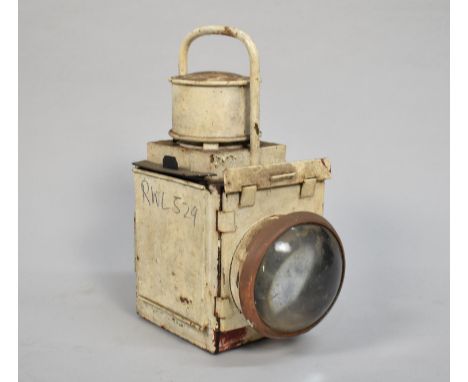 A Vintage White Painted Railway Lamp, Missing Burner with Bullseye Glass Lens, 33cm high 