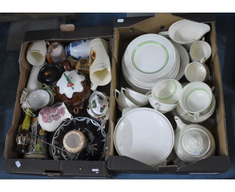 Two Boxes of Various Ceramics to comprise Art Deco Dinner and Tea Service by Wedgwood and Co, Novelty Teapots Jug Etc 