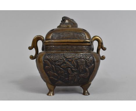 A Chinese Bronze Censer and Cover with Scrolled Handles Decorated with Scenes Depicting Chinese Gods etc, Raised on Four Shor