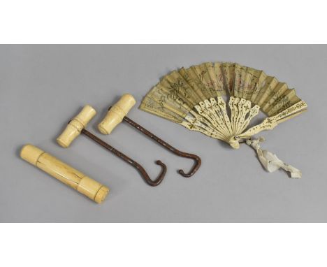 A Pair of Vintage Bone Handled Boot Pulls, Vintage Decorated Fan and Bone Needle Case 