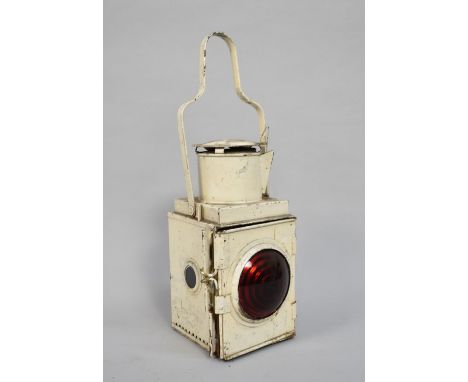 A Vintage White Painted Railway Brake Lamp, Complete with Burner and Red Bulls Eye Lens Glass 