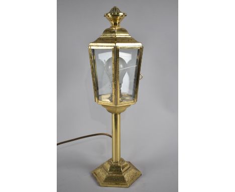 A Mid 20th century Brass Lantern Style Table Lamp on Hexagonal Base, 48cms High 