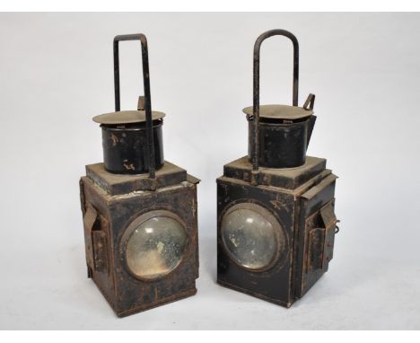 A Pair of Vintage Black Painted Railway Lamps with Double Bullseye Glass Lenses, Each 47cms High 