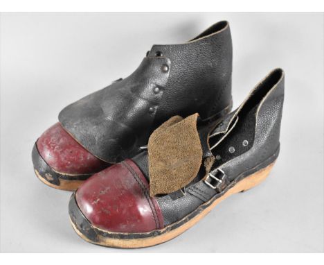 A Pair of Vintage Steel Capped Leather and Wooden Clogs 
