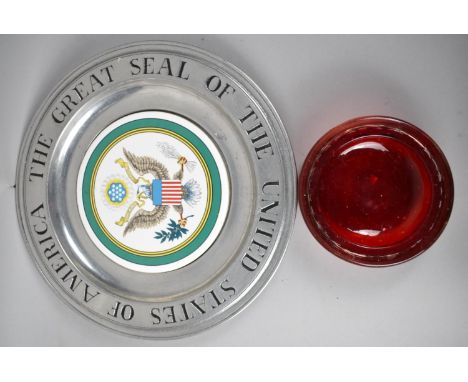 A Small Whitefriars Red Glass Bowl Together with an American Pewter and Enamel Plate, The Great Seal of The United States of 