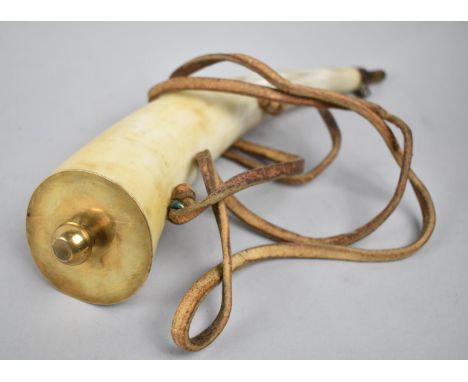 A Reproduction Brass and Horn Powder Flask, 29cms Long 