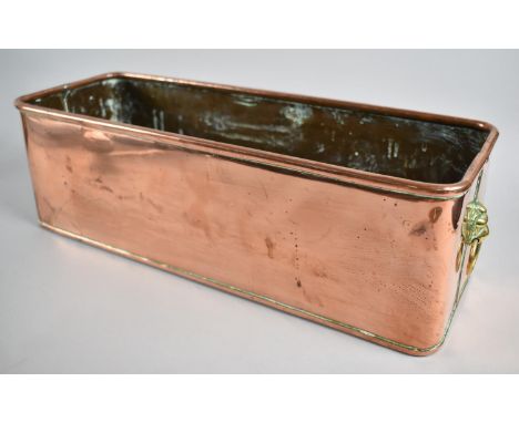 A Rectangular Copper Planter with Brass Lion Mask Ring Handles, 42x15x14cms High 