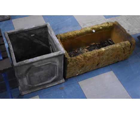 Two Resin Garden Planters. One of Square Form, the other in the Form of a Stone Trough, 37 and 31cms Wide 