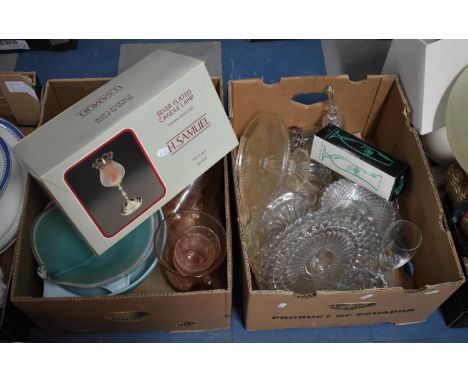 Two Boxes of Various Glassware to comprise Moulded Tazza, H.Samuel Silver Plated Candle Lamp, Glass Bowls Etc 