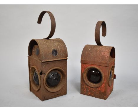 A Pair of Vintage Rusted Red Painted Road Lamps 