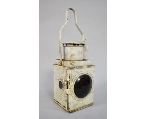 A White Painted British Brake Lamp with Red Bullseye Glass, with Burner, 50cm high 