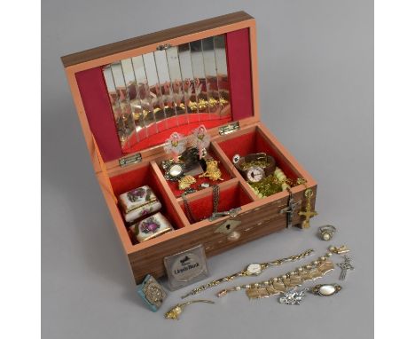 A Vintage Jewellery Musical Jewellery Box Containing Various Costume Jewellery to Include Brooches, Watch etc Together with a