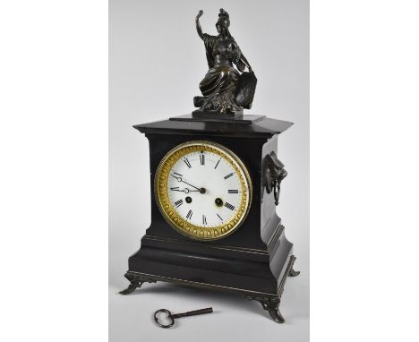 A Late 19th Century Black Slate Mantel Clock with Bronze Britannia Finial and Lion Ring Mask Carrying Handles, White Enamelle
