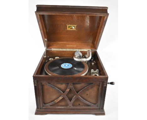 A Vintage Oak Cased Wind Up Gramophone, Working Order, 43cms by 42cms, Some Condition Issues 