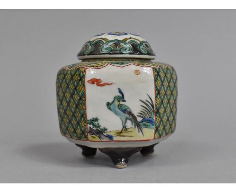 A Chinese Famille Verte Hexagonal Porcelain Pot with Pierced Cover in the Kangxi Style Decorated with Alternating Scenes of B