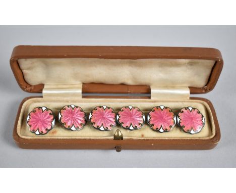 A Cased Set of Six Silver and Enamel Studs by Robert Chandler, all Decorated with Pink Floral Design on White Ground, Birming