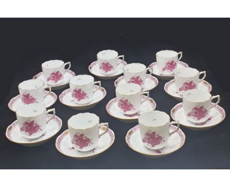 Lot of 24 pieces, Herend Apponya decoration.12 cups and 12 saucers, each marked Herend, Hungary, Handpainted in blue stamp to