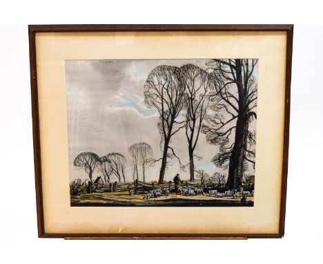 Two framed cartoons and a print, together with a photographic print by Rowland Hillier and a print of triptych, after Laurenc