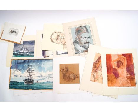 Ron Olley, a Battleship at sea, watercolour, signed lower left, 21cm x 27cm, (unframed), and further watercolours, sketches a