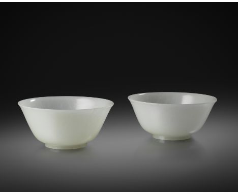 A PAIR OF FINE AND RARE CHINESE IMPERIAL WHITE JADE BOWLS FOUR-CHARACTER JIAQING MARKS AND OF THE PERIOD 1796-1820  Each with