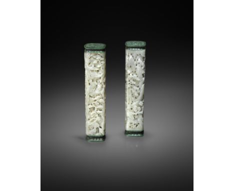 A PAIR OF FINE CHINESE PALE CELADON JADE INCENSE HOLDERS QIANLONG 1736-95  Each with a square-section body, worked in relief 