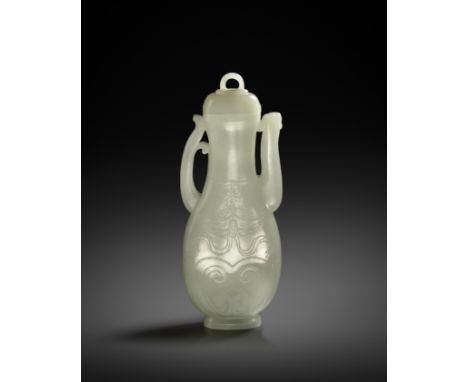 A FINE CHINESE PALE CELADON JADE PEAR-SHAPED EWER AND COVER, ZHIHU QIANLONG 1736-95  The flattened body rising to a waisted n