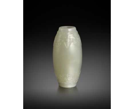 A FINE AND RARE CHINESE WHITE JADE BARREL-SHAPED VASE 18TH CENTURY  The elegant ovoid body gently tapering towards the ends, 